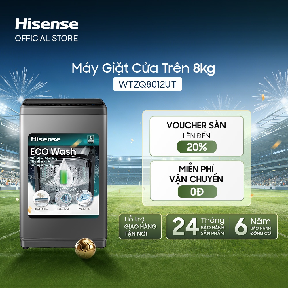 Máy Giặt Hisense Cửa Trên 8kg WTZQ8012UT -  Tiết Kiệm | Sạch Sâu | Bộ Lọc Đôi - Bảo Hành 2 Năm - Miễn Phí Giao Hàng