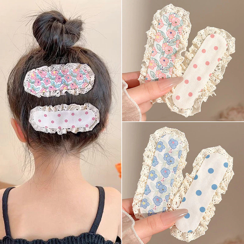 Set 2 Băng Đô Dán Giữ Tóc Ngắn Chất Liệu Vải Phối Ren, Băng Đô Hoa Nhiều Màu Sắc Kiểu Dáng Ngọt Ngào