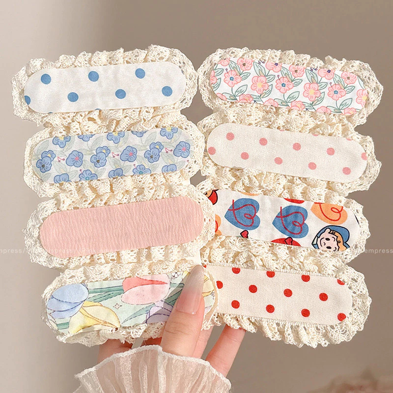 Set 2 Băng Đô Dán Giữ Tóc Ngắn Chất Liệu Vải Phối Ren, Băng Đô Hoa Nhiều Màu Sắc Kiểu Dáng Ngọt Ngào