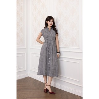 SWANLAKE | Váy Đầm Nữ Sơ Mi Caro Vải Linen Tay Ngắn Chiết Eo Buộc Dây Công Sở Dạo Phố D13800