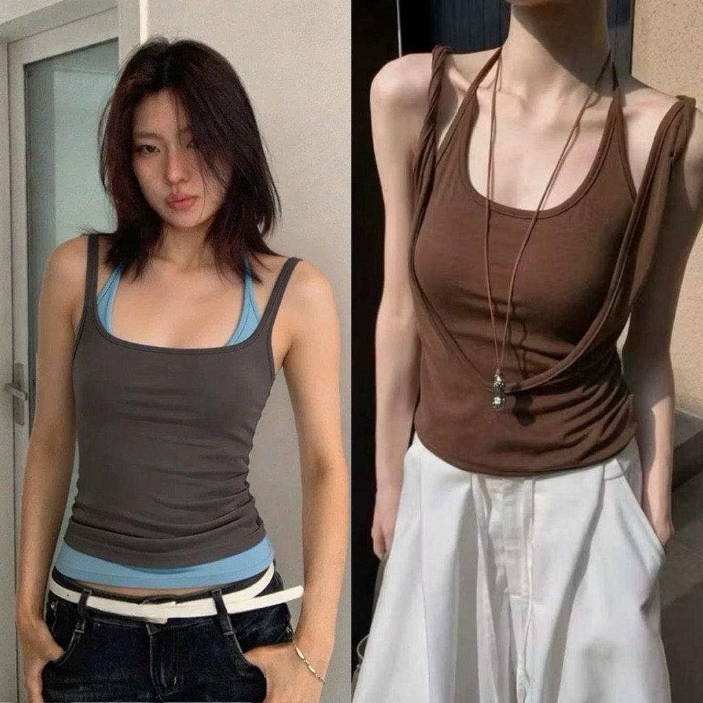 (sẵn 1 nâu)Áo sát nách layer nâu tây dây xoắn và ghi layer chất thun cotton thời trang nữ ASN077  - Tiktik