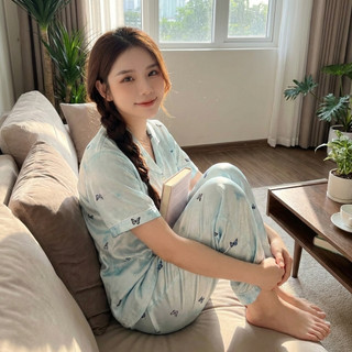 Bộ Đồ Ngủ Nữ Lụa Cước Ánh Kim Xanh Băng Họa Tiết Bướm Tay Ngắn Quần Dài Pijama Mặc Nhà Cao Cấp