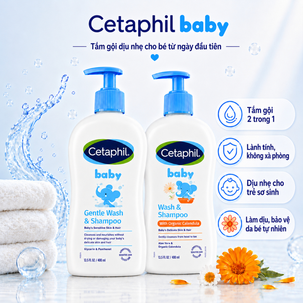 Sữa tắm gội cho bé Cetaphil Baby Gentle Wash & Shampoo 400ML & 230ML