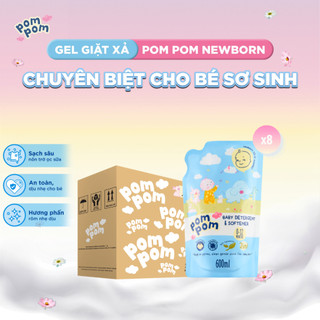 Nước Giặt Xả Pom Pom Newborn [600ML x8 Tiết Kiệm] An toàn cho bé mới lọt lòng Sạch Sâu Nôn trớ Ọc sữa Kháng khuẩn NB6