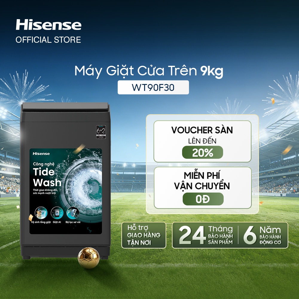 Máy Giặt Cửa Trên Hisense 9kg WT90F30 - Giặt AI | Tiết kiệm | Nắp giảm chấn - BH 2 năm - Miễn Phí Giao Hàng Tận Nơi