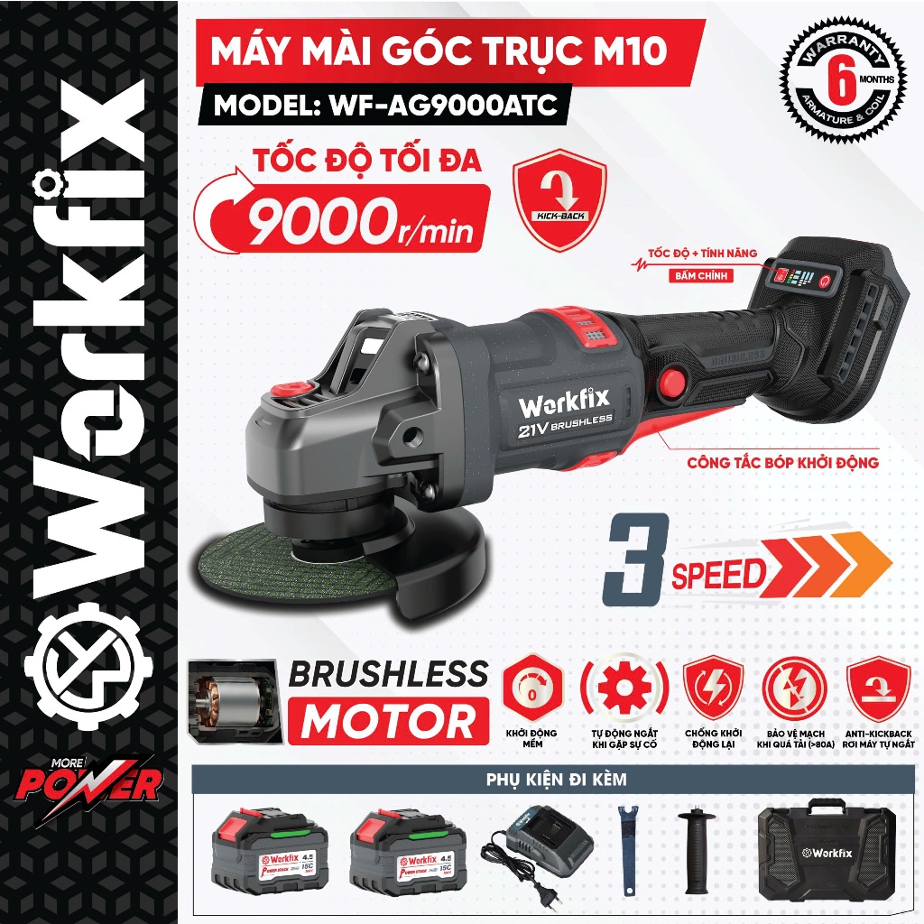 Máy mài góc Workfix WF-AG9000ATC, Có aniti_kickback, Chống khởi động lại, Chống sốc đá - Ép tải >80A