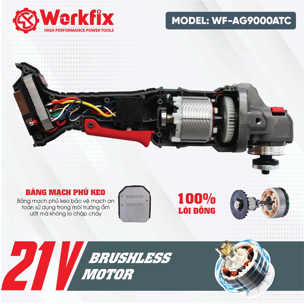 Máy mài góc Workfix WF-AG9000ATC, Có aniti_kickback, Chống khởi động lại, Chống sốc đá - Ép tải >80A