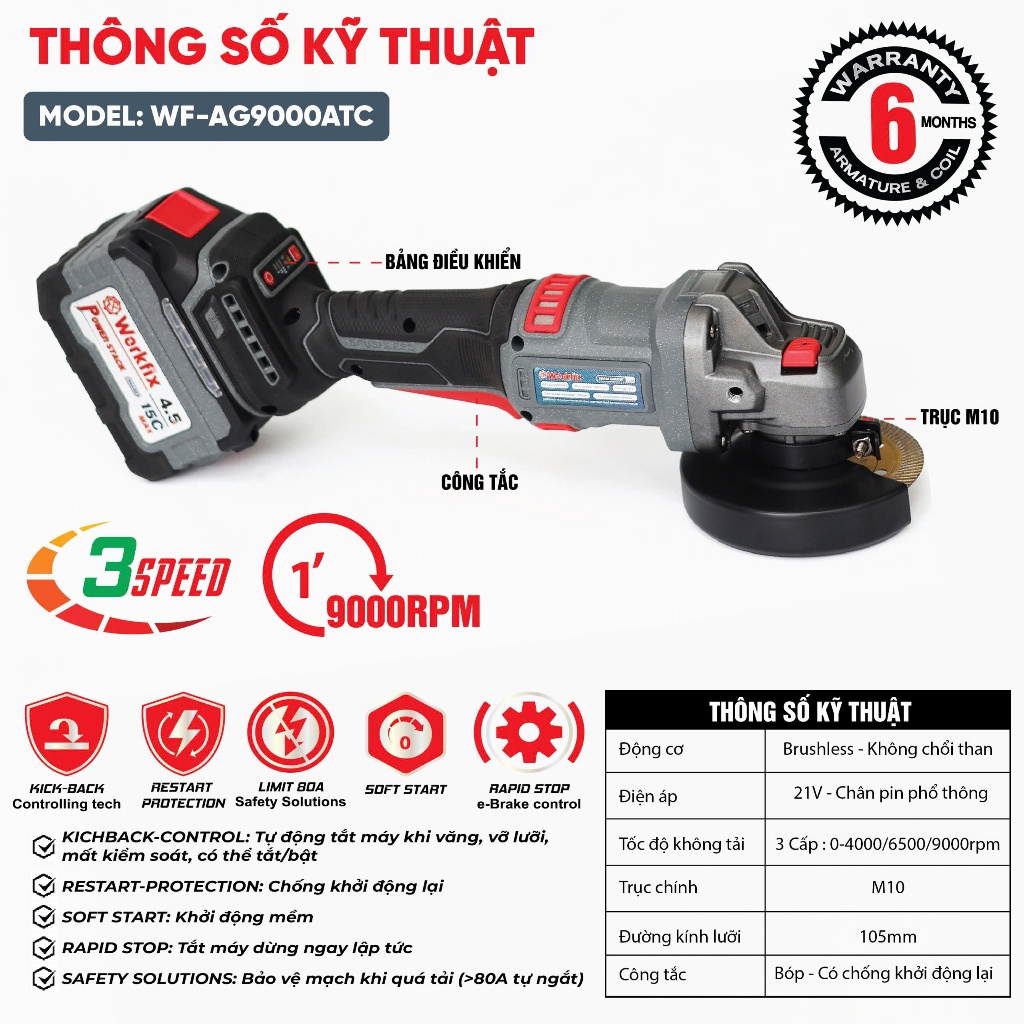 Máy mài góc Workfix WF-AG9000ATC, Có aniti_kickback, Chống khởi động lại, Chống sốc đá - Ép tải >80A