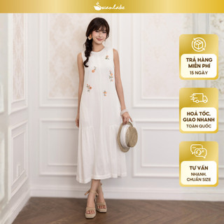 SWANLAKE | Váy Đầm Nữ Maxi Suông Sát Nách Cổ Tròn Vải Linen Thêu Hoa Hai Lớp Du Lịch Biển Hè D13718