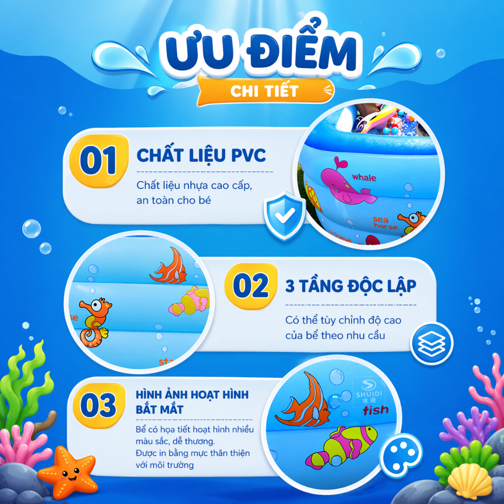 Bể bơi cho bé KAW đáy 2 lớp chống trượt chất liệu PVC cao cấp, độ bền cao - Lỗi 1 đổi 1