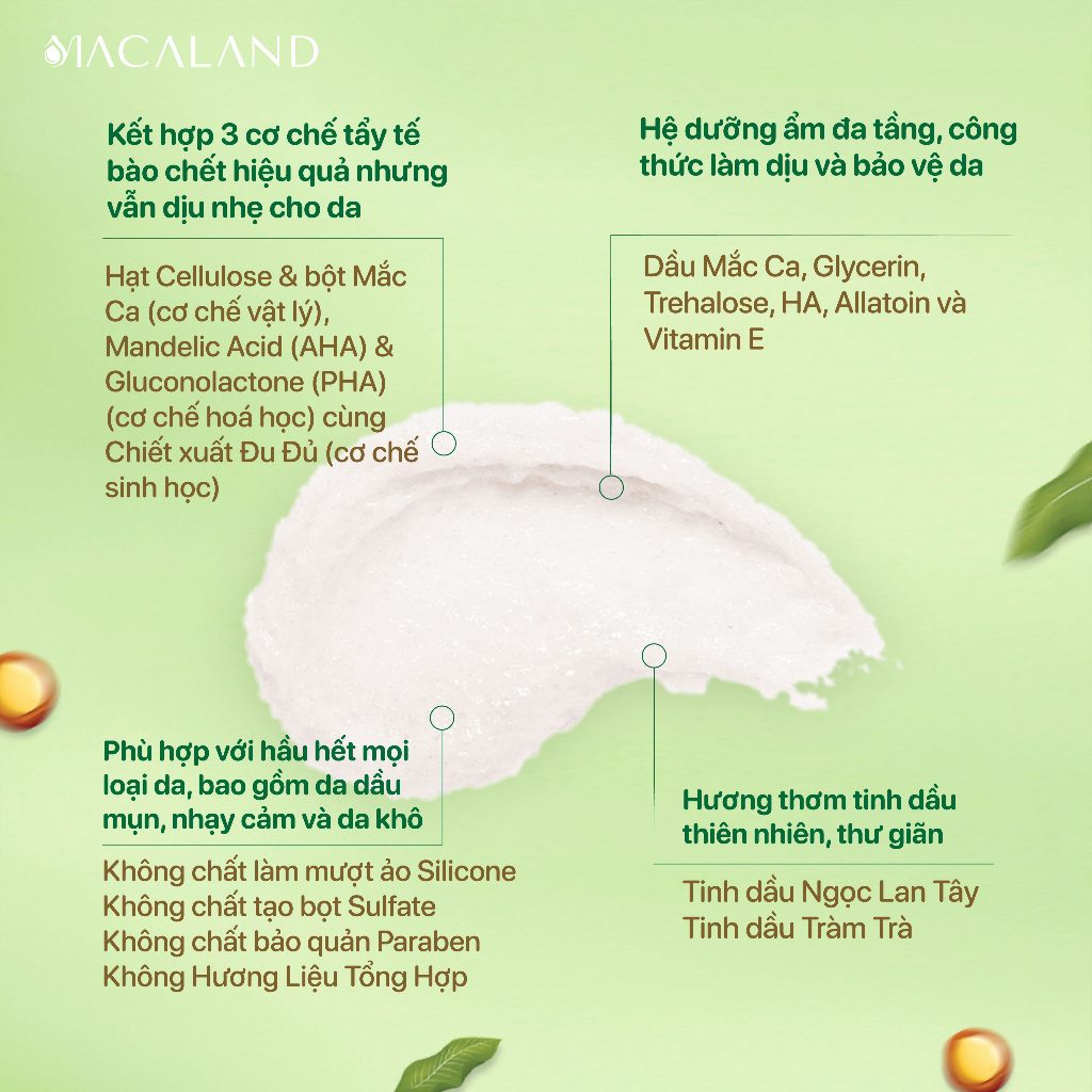 Tẩy Tế Bào Chết Da Mặt Mắc Ca 120g Làm Mịn Da Macaland - Macadamia Smoothing Face Scrub