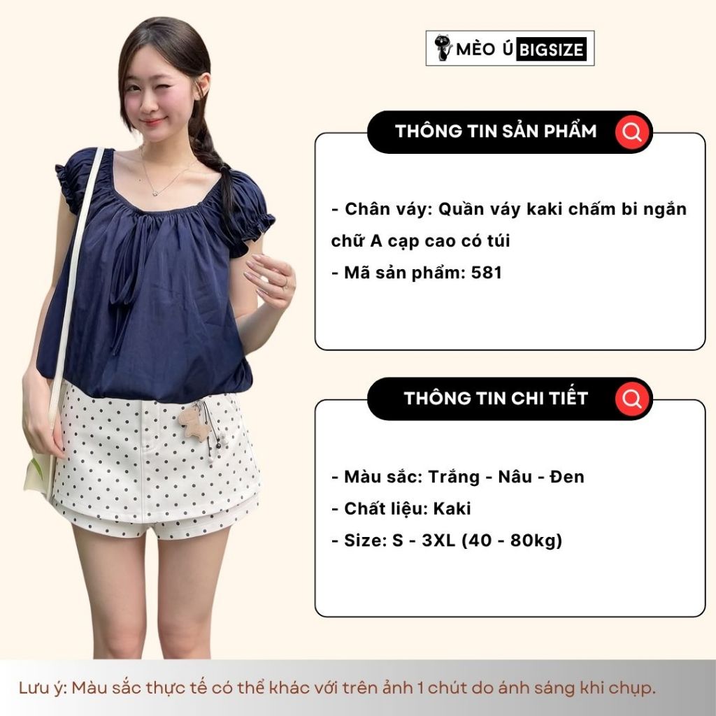 Quần váy kaki nữ BIGSIZE Mèo Ú chân váy ngắn chữ A chấm bi cạp cao có túi phong cách basic thanh lịch Hàn Quốc 581