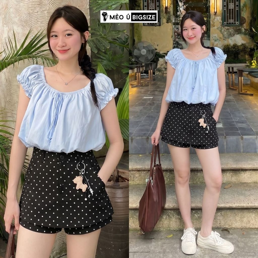 Quần váy kaki nữ BIGSIZE Mèo Ú chân váy ngắn chữ A chấm bi cạp cao có túi phong cách basic thanh lịch Hàn Quốc 581