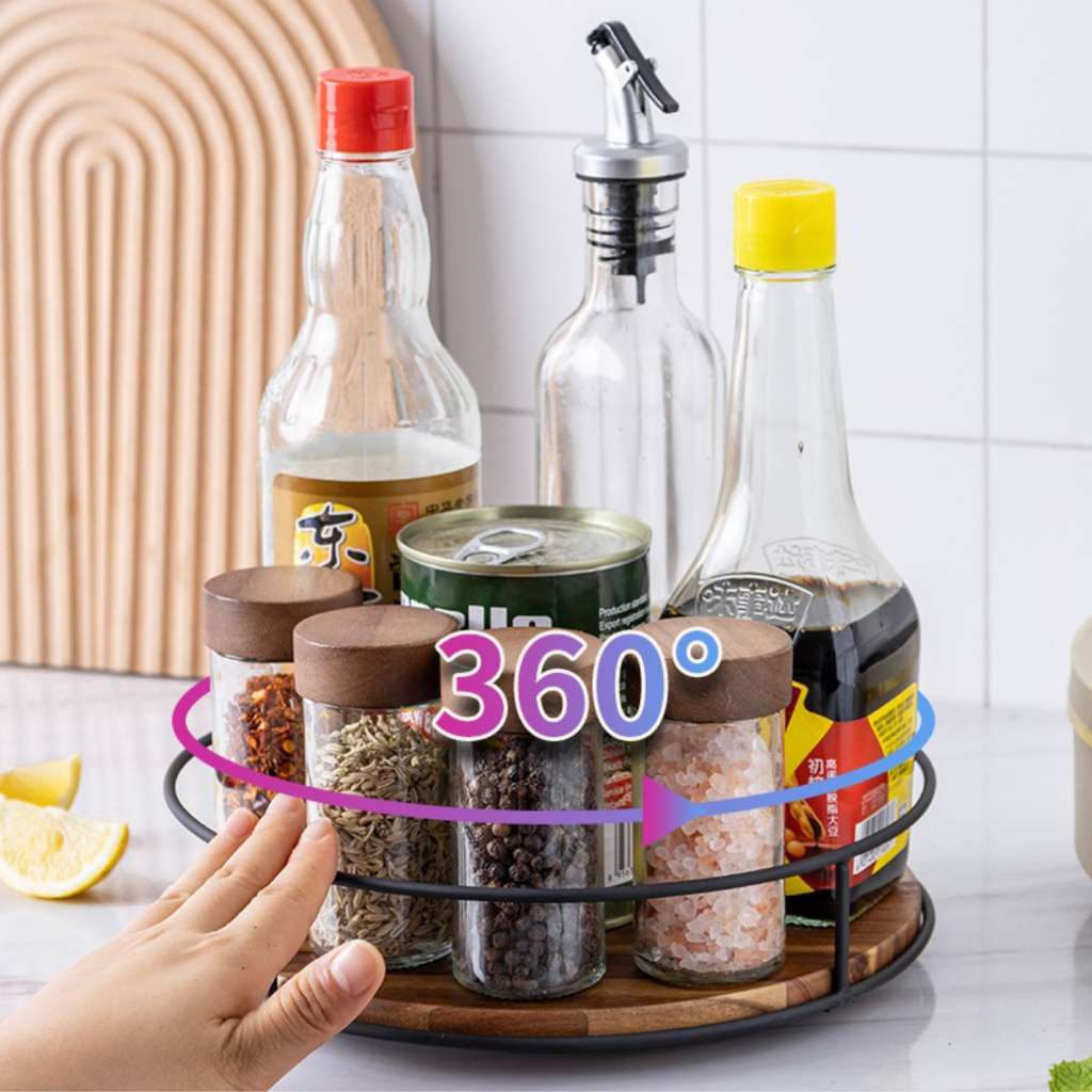 Kệ Khay Xoay 360 Độ Bằng Gỗ Dùng Để Chai Lọ Gia Vị Nhà Bếp, Đồ Uống