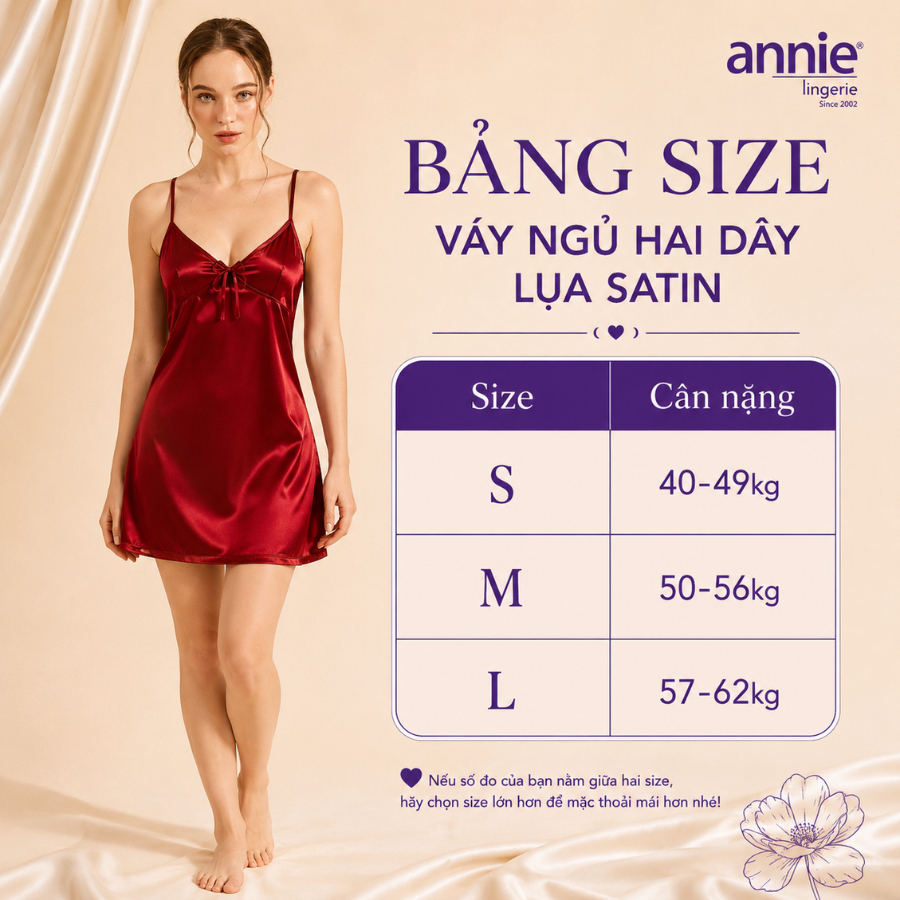 Váy Ngủ Nữ Lụa Satin Hai Dây annie AN 6055 Cổ Tim Cao Cấp, Mềm Mại Bóng Mịn, Thoáng Mát Sang Trọng