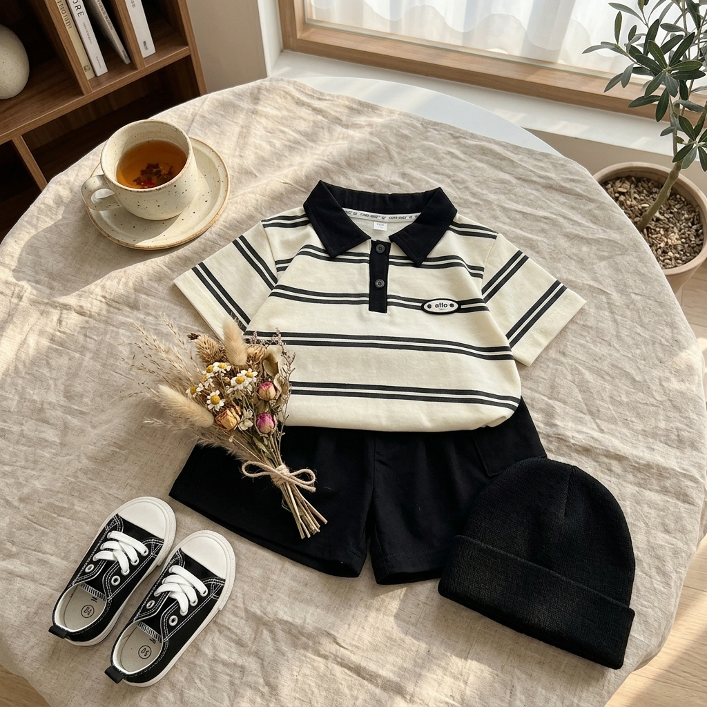 Set Bộ Đồ Hè Bé Trai Áo Polo Kẻ Ngang Mix Quần Đùi Đen Basic, Đồ Bộ Có Cổ Cho Bé Đi Học, Đi Chơi Sang Xịn- GUMIHO KIDS