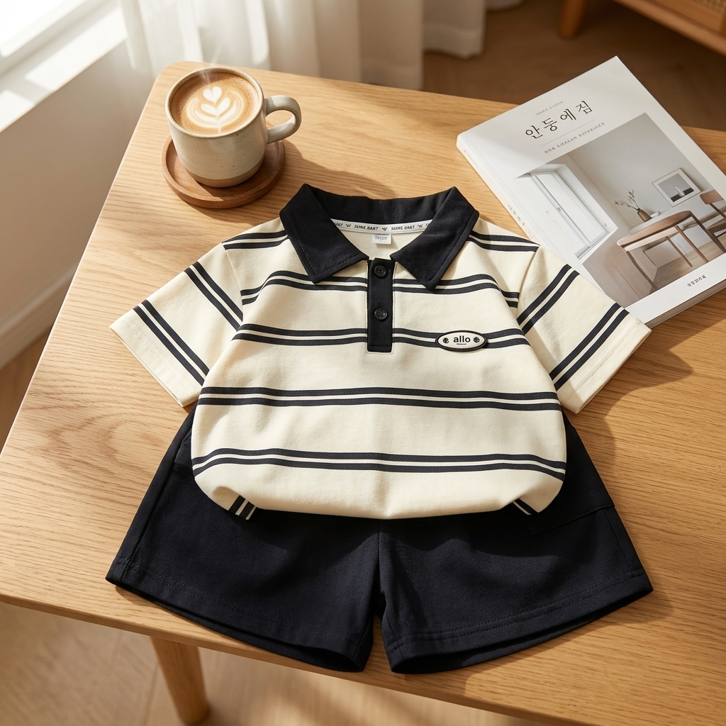 Set Bộ Đồ Hè Bé Trai Áo Polo Kẻ Ngang Mix Quần Đùi Đen Basic, Đồ Bộ Có Cổ Cho Bé Đi Học, Đi Chơi Sang Xịn- GUMIHO KIDS