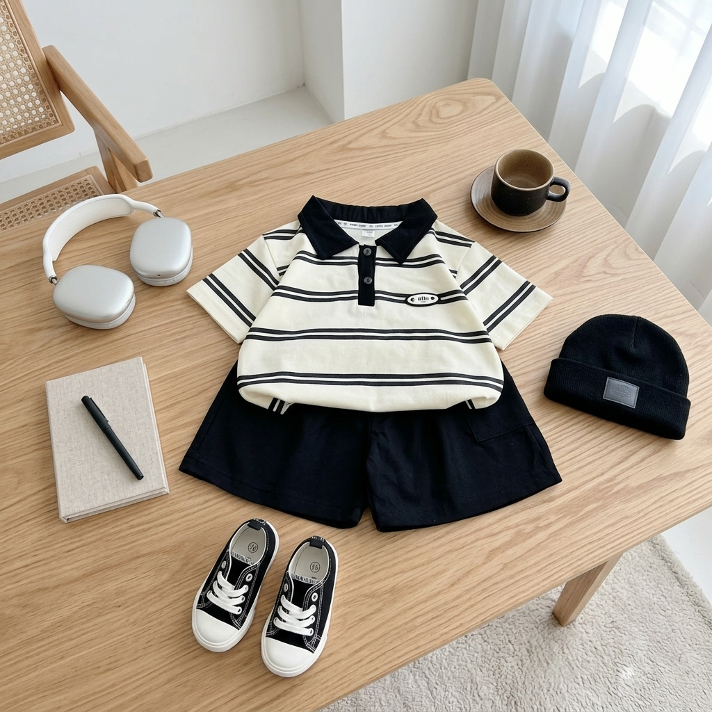 Set Bộ Đồ Hè Bé Trai Áo Polo Kẻ Ngang Mix Quần Đùi Đen Basic, Đồ Bộ Có Cổ Cho Bé Đi Học, Đi Chơi Sang Xịn- GUMIHO KIDS