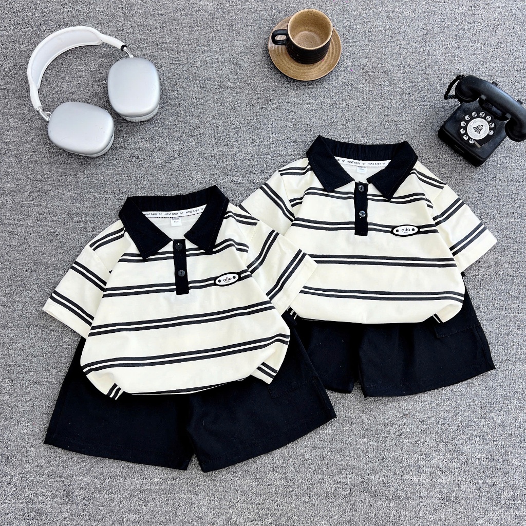 Set Bộ Đồ Hè Bé Trai Áo Polo Kẻ Ngang Mix Quần Đùi Đen Basic, Đồ Bộ Có Cổ Cho Bé Đi Học, Đi Chơi Sang Xịn- GUMIHO KIDS