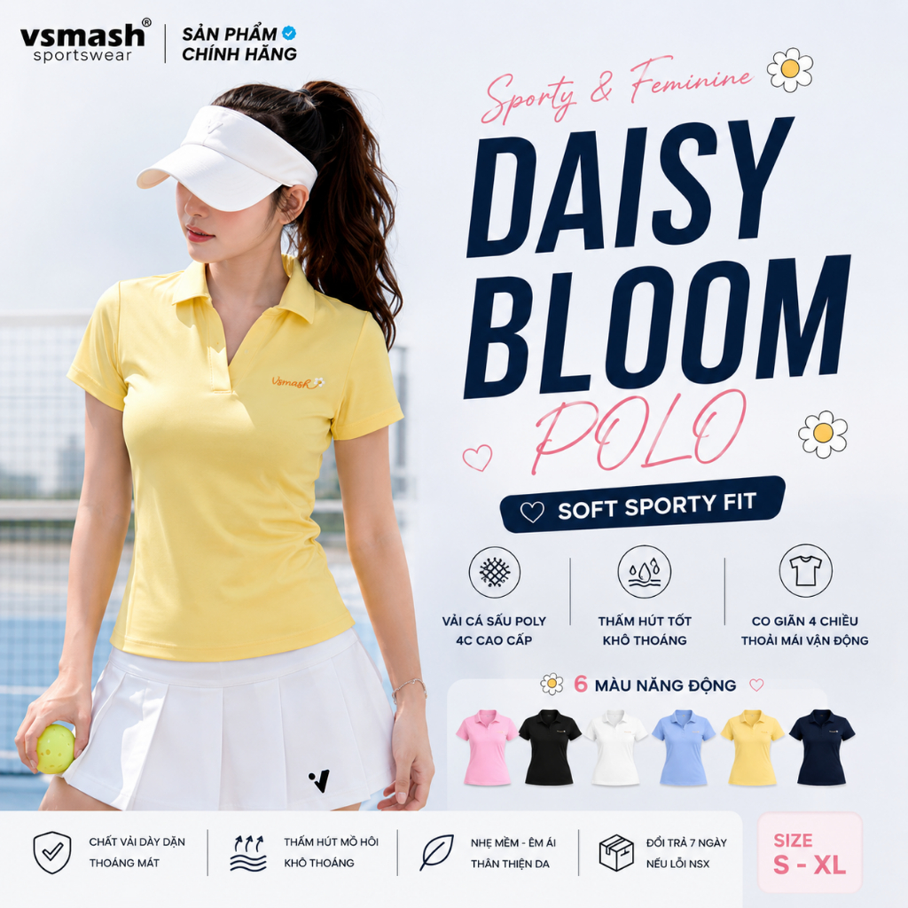 Áo thun thể thao nữ polo cá sấu DAISY BLOOM  Vsmash Sportswear – Co Giãn Gym Chạy Bộ Cầu Lông Yoga Tennis Pickleball