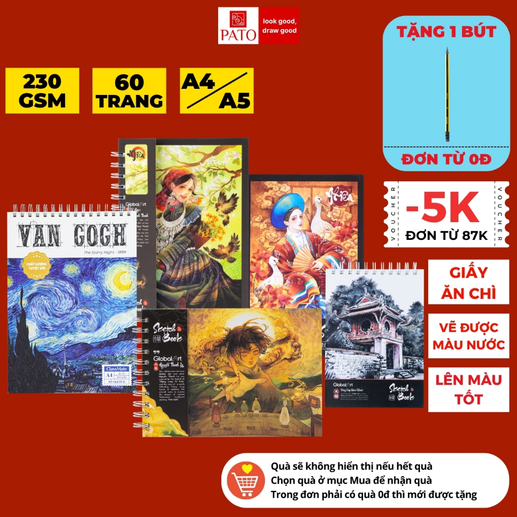 Sổ Vẽ Đa Chất Liệu GLOBAL ART 230GSM, Giấy Ăn Chì Có Mặt Vân Và Mặt Mịn Vẽ Được Màu Nước Chì Màu, Acrylic 60 Trang A4 A5
