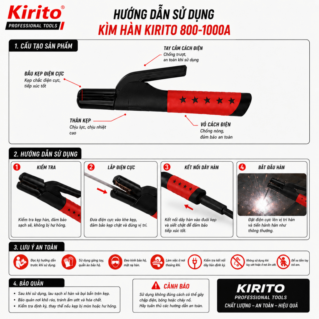Kìm Kẹp Que Hàn Kirito 800A-1000A Lõi Đồng Nguyên Chất, Kềm Hàn Điện Cao Cấp Chịu Nhiệt Tốt