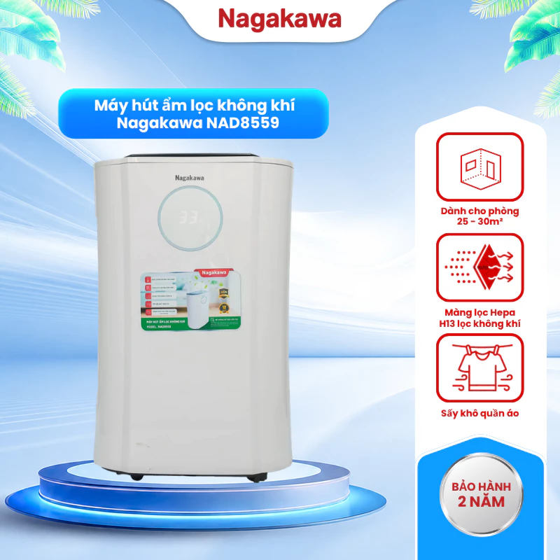 Máy hút ẩm lọc không khí 20L Nagakawa NAD8559, gas R134A, diện tích phòng 35 - 40m², tích hợp lọc không khí và bụi mịn — ảnh 1