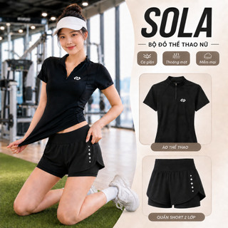 Đồ Tập Gym Nữ Cao Cấp Áo Thể Thao Cổ Khóa Kéo Quần Short 2 Lớp Cạp Bản To Co Giãn Thoáng Mát Sola 35