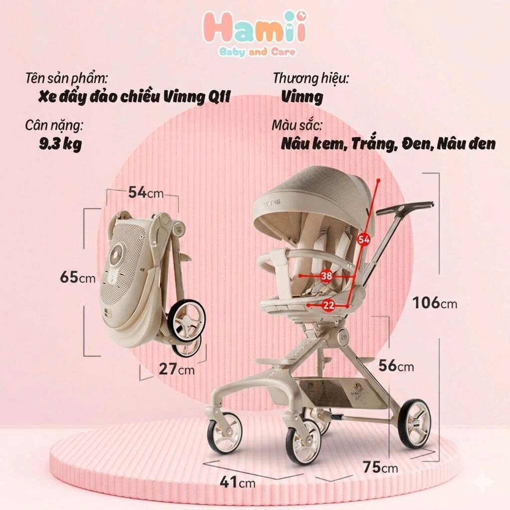 Xe Đẩy Gấp Gọn Cho Bé Vinng Q11 Cao Cấp, Đảo Chiều 3 Tư Thế Nằm, Ngả, Ngồi, Khung Xe Bằng Hợp Kim