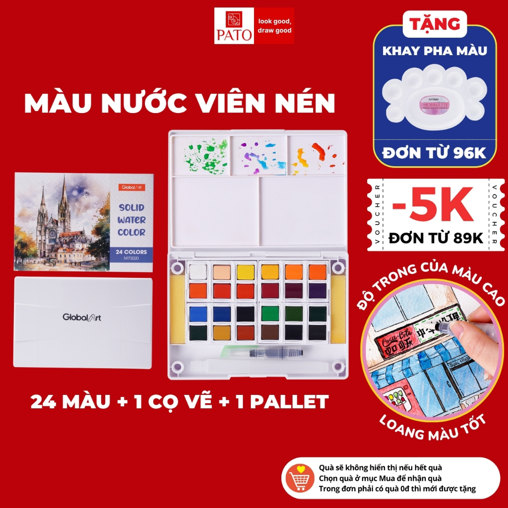Màu Nước Dạng Nén GLOBAL ART 24 Màu Cao Cấp, Màu Nước Nén Màu Trong, Loang Màu Tốt, Không Bột, Kèm Bút Vẽ và Khay Vẽ