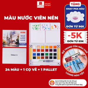Màu Nước Dạng Nén GLOBAL ART 24 Màu Cao Cấp, Màu Nước Nén Màu Trong, Loang Màu Tốt, Không Bột, Kèm Bút Vẽ và Khay Vẽ