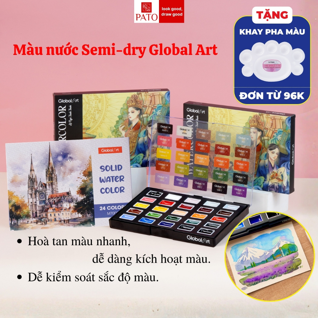 Màu Nước Semi-Dry Global Art 25 Màu 2.8ml Dễ Lấy Kiểm Soát Màu, Màu Nước Dạng Nén 24 Màu Trong, Loang Tốt