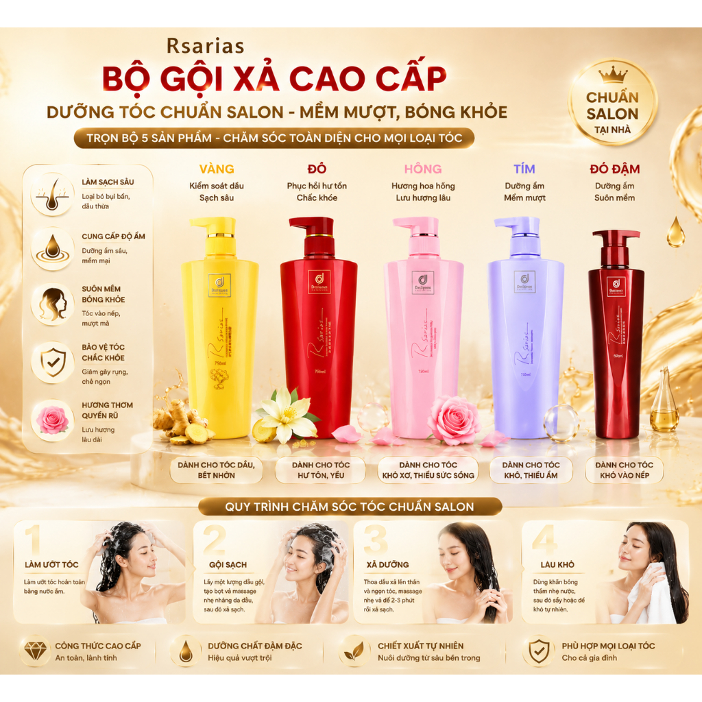 🔥 Nhập khẩu từ Thái Lan Dầu Gội Dưỡng Tóc Rsarias 750ml - Phục Hồi Tóc Hư Tổn, Mềm Mượt Chuẩn Salon, Hương Thơm Lâu