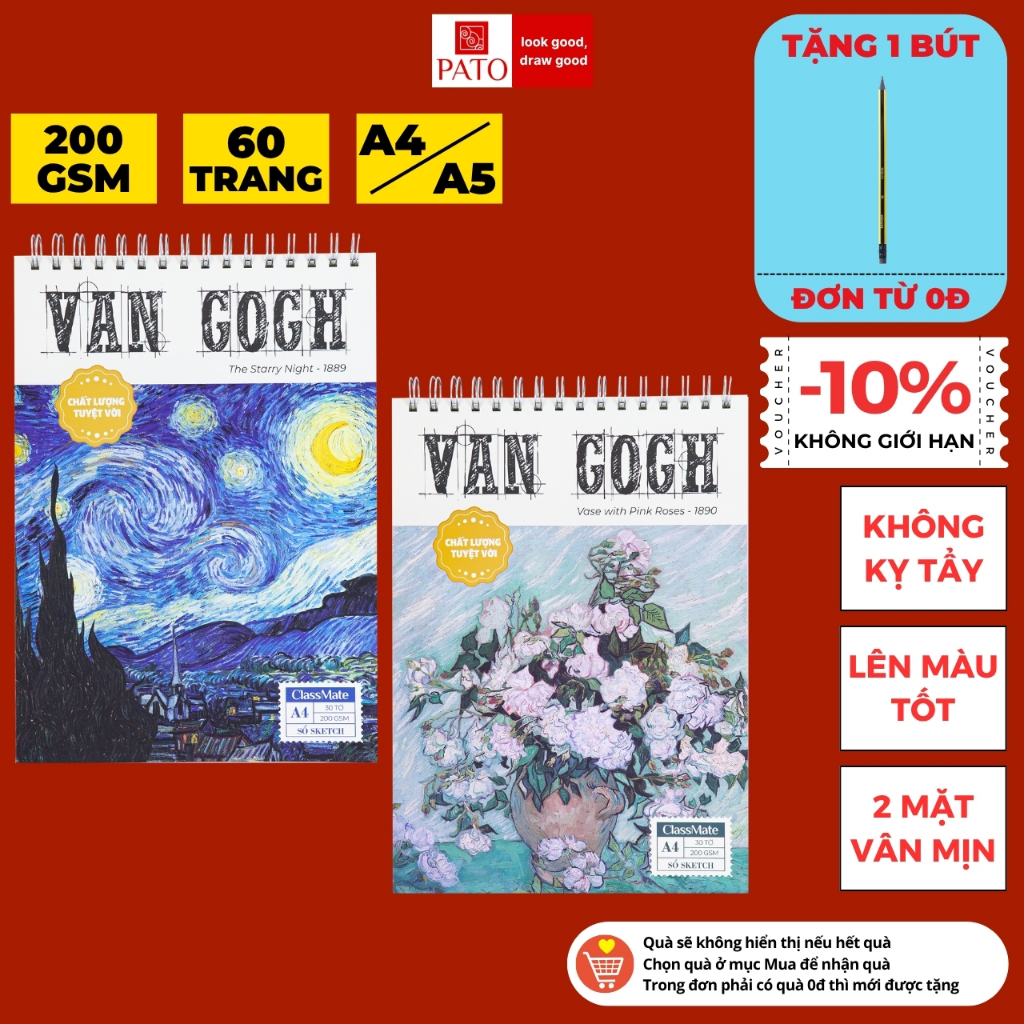 Sổ Vẽ Sketchbook 200GSM Van Gogh Không Kị Tẩy, Lên Màu Tốt Sổ Vẽ Phác Thảo A4 A5 60 Trang Vẽ Chì Màu, Acrylic, Gouache
