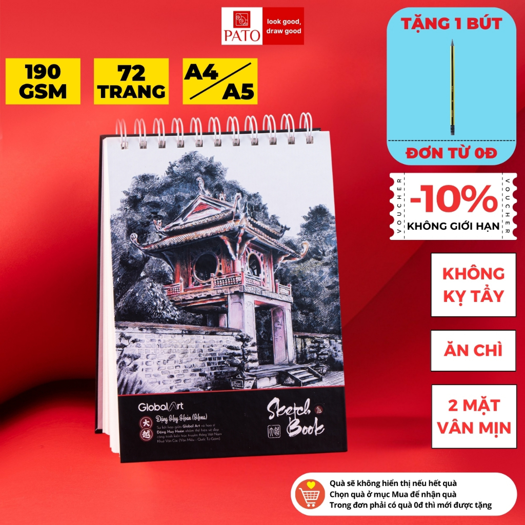 Sổ Vẽ Đa Chất Liệu Global Art 72 Trang Sketchbook Văn Miếu Vân Mịn 190GSM, Sổ Vẽ Phác Thảo A4 A5 Dùng Màu Chì, Acrylic