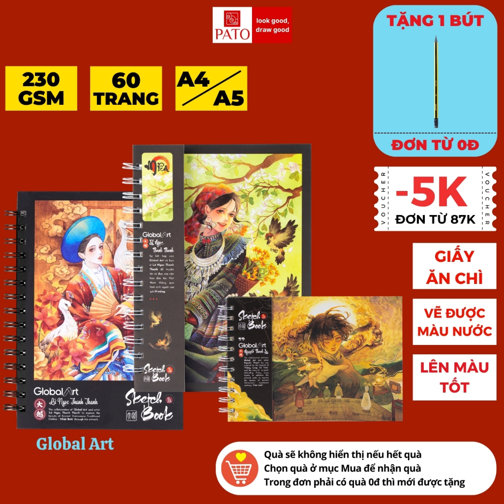 Sổ Vẽ Đa Chất Liệu GLOBAL ART 230GSM Giấy Ăn Chì Lên Màu Tốt A5 A4 Không Kị Tẩy Vẽ Màu Nước 60 Trang Có Mặt Vân Mặt Mịn
