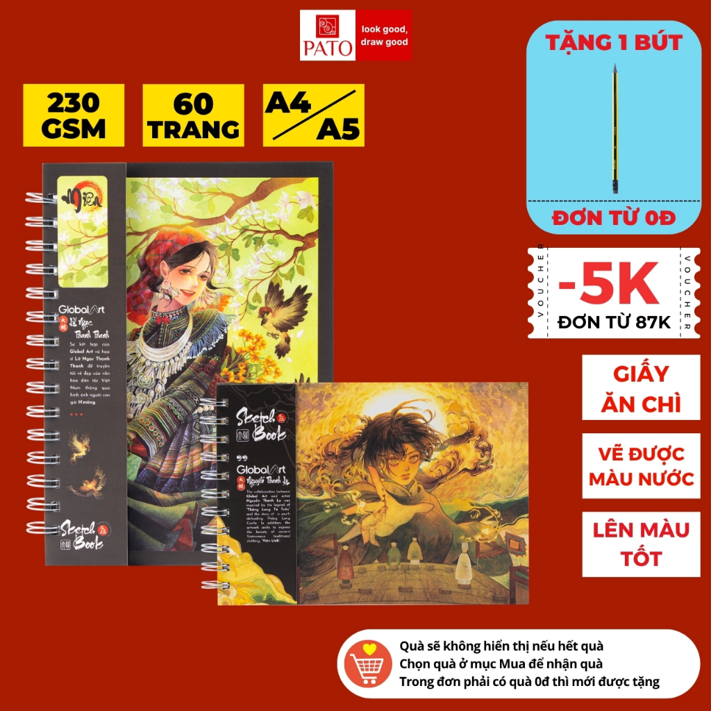 Sổ Vẽ Đa Chất Liệu 230GSM GLOBAL ART A4 Sổ Vẽ Phác Thảo Không Kỵ Tẩy Quang/ Miên 60 Trang, Sổ Bìa Cứng Vẽ Chì, Màu Nước