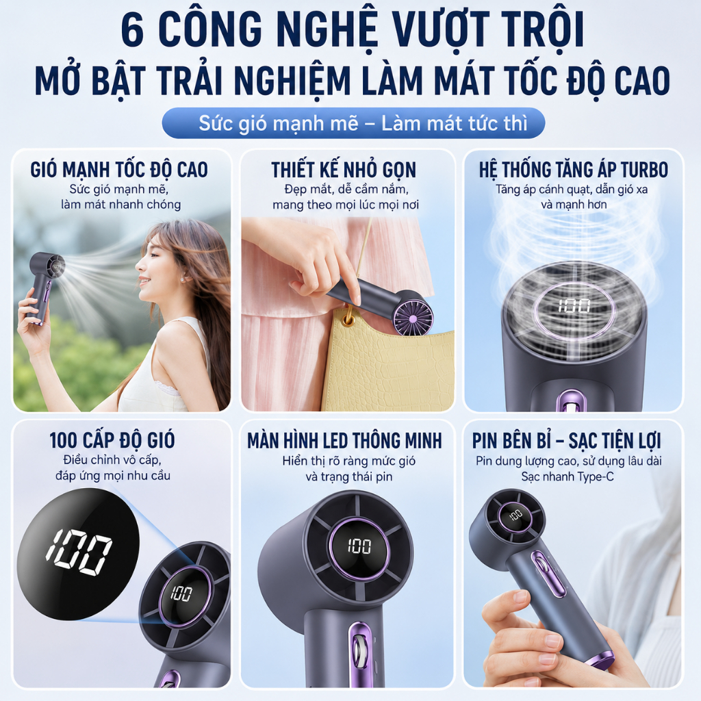 Quat cầm tay Turbo T35 hiển thị số điện 100 cấp gió, quạt mini sạc USB không chổi than siêu gió mạnh cho đi chơi học tập