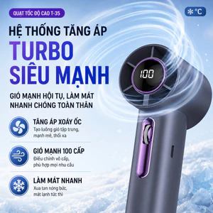 Quat cầm tay Turbo T35 hiển thị số điện 100 cấp gió, quạt mini sạc USB không chổi than siêu gió mạnh cho đi chơi học tập