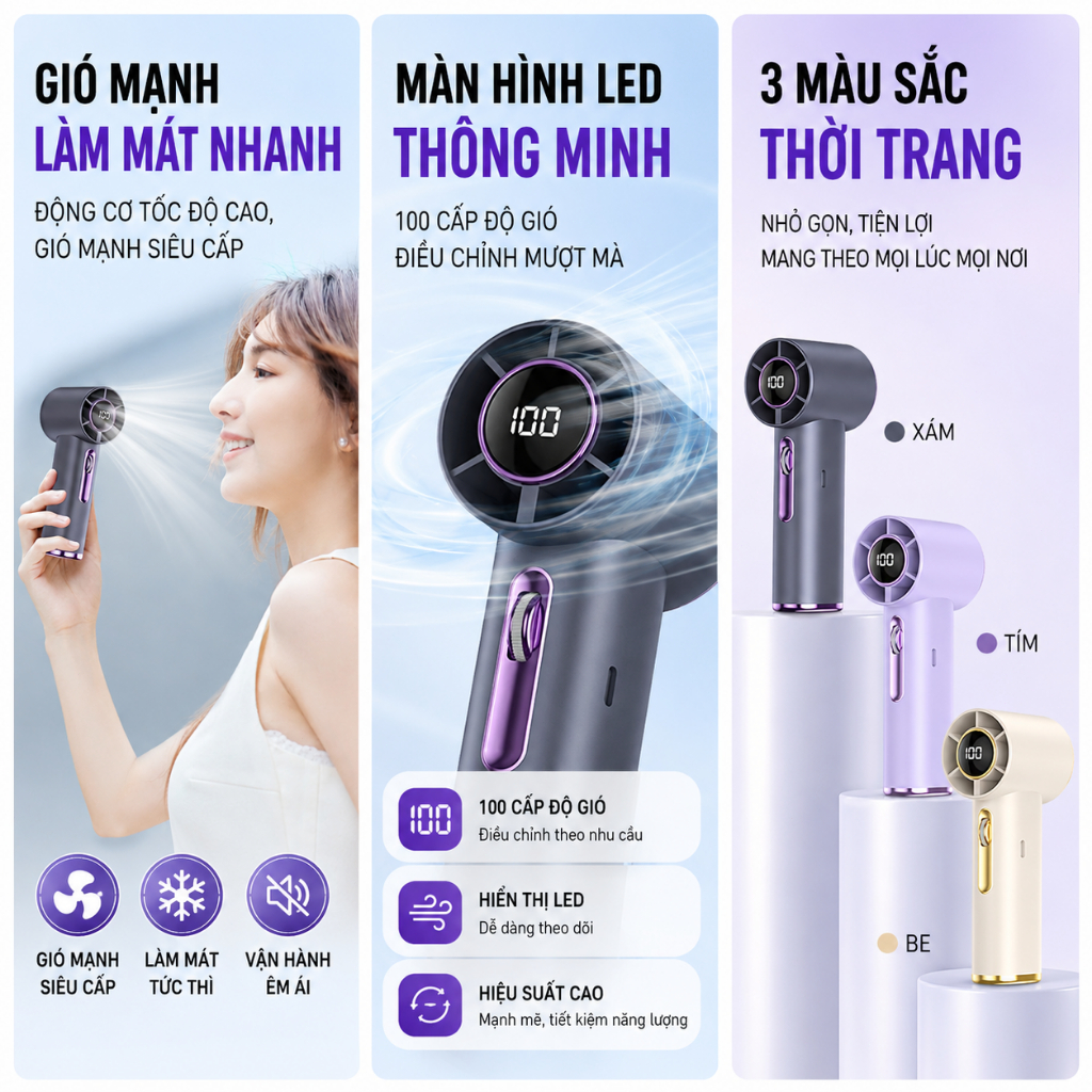 Quat cầm tay Turbo T35 hiển thị số điện 100 cấp gió, quạt mini sạc USB không chổi than siêu gió mạnh cho đi chơi học tập