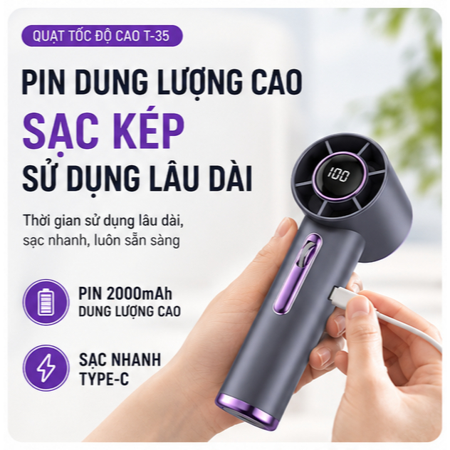 Quat cầm tay Turbo T35 hiển thị số điện 100 cấp gió, quạt mini sạc USB không chổi than siêu gió mạnh cho đi chơi học tập