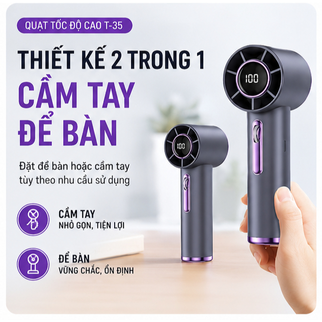Quat cầm tay Turbo T35 hiển thị số điện 100 cấp gió, quạt mini sạc USB không chổi than siêu gió mạnh cho đi chơi học tập