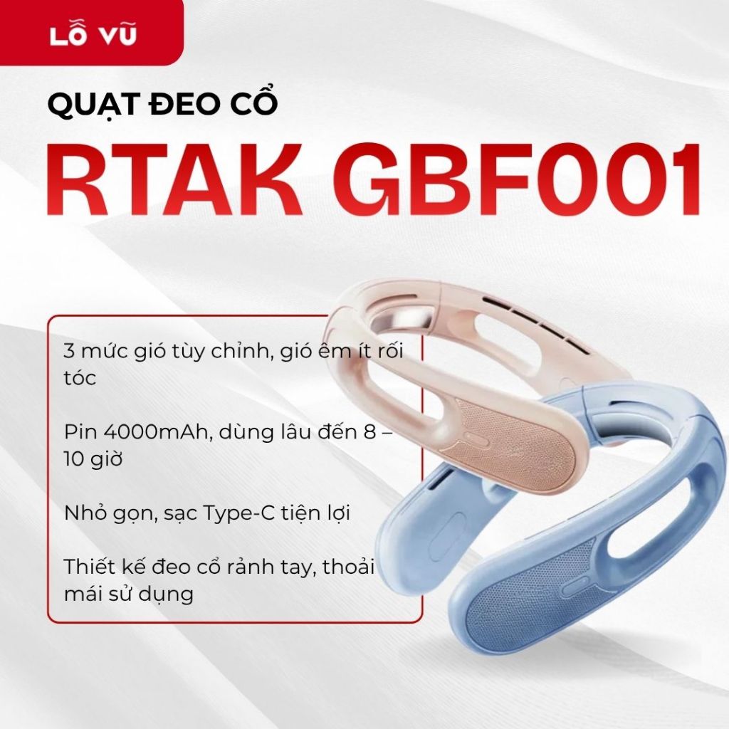 Quạt Đeo Cổ RTAK GBF001 Ice Breeze, Pin 4000mAh, 3 Tốc Độ Gió, Dùng 3 - 10 Giờ, Sạc Type-C - levu01, vuabanlo | BigBuy360 - bigbuy360.vn