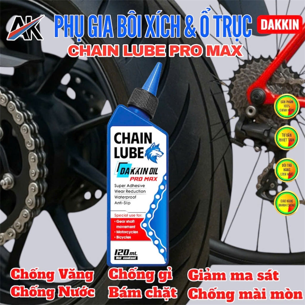 Phụ Gia Bôi Xích Và Ổ Trục Dakkin Pro Max Đầu Sói Xanh 120ml – Dầu Bôi Xích Chống Văng, Chống Gỉ, Bám Dính Cao