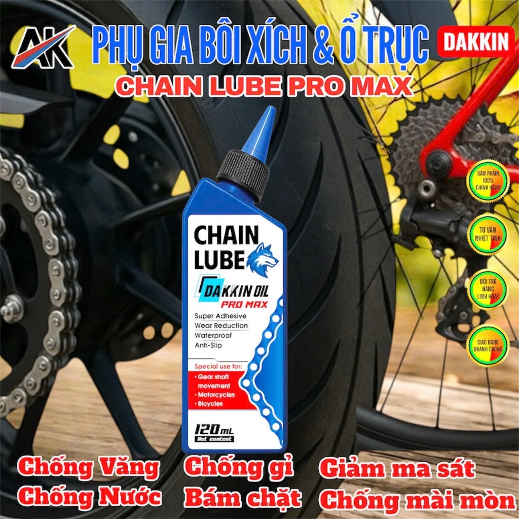 Phụ Gia Bôi Xích Và Ổ Trục Dakkin Pro Max Đầu Sói Xanh 120ml – Dầu Bôi Xích Chống Văng, Chống Gỉ, Bám Dính Cao