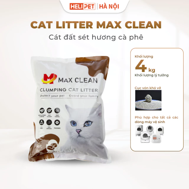 Cát Cho Mèo, Cát Đất Sét MAX CLEAN Hương Cà Phê 4kg Dùng Cho Chậu Cát Mèo, Nhà Vệ Sinh Cho Mèo