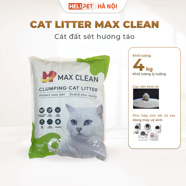 Cát Vệ Sinh Cho Mèo, Cát Đất Sét MAX CLEAN Hương Táo 4kg Dùng Cho Thau Cát Mèo, Nhà Vệ Sinh Mèo