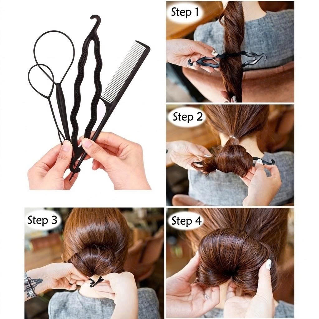 Bộ Dụng Cụ Tạo Kiểu Tóc 4 Món Đa Năng, Dụng Cụ Búi Tóc Nhanh Gọn Cho Nữ Và Bé Gái