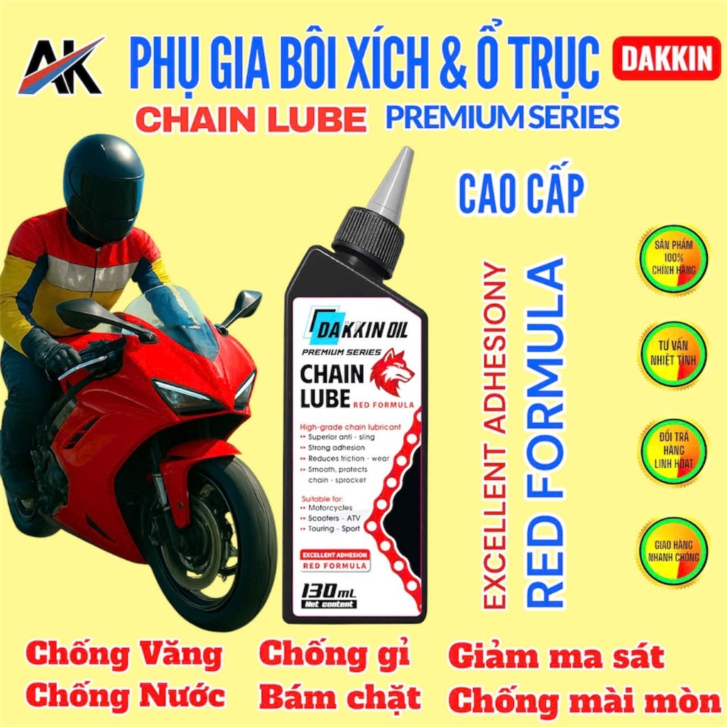 Phụ Gia Bôi Xích Và Ổ Trục Dakkin Premium Đầu Sói Đỏ 130ml – Dầu Bôi Xích Cao Cấp Chống Văng, Chống Gỉ, Bám Dính Gấp 2 L