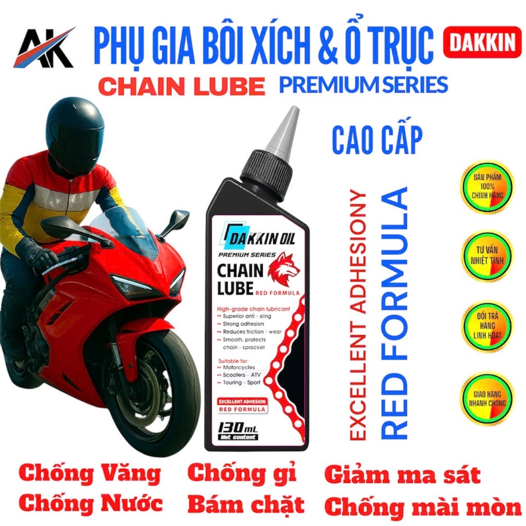 Phụ Gia Bôi Xích Và Ổ Trục Dakkin Premium Đầu Sói Đỏ 130ml – Dầu Bôi Xích Cao Cấp Chống Văng, Chống Gỉ, Bám Dính Gấp 2 L